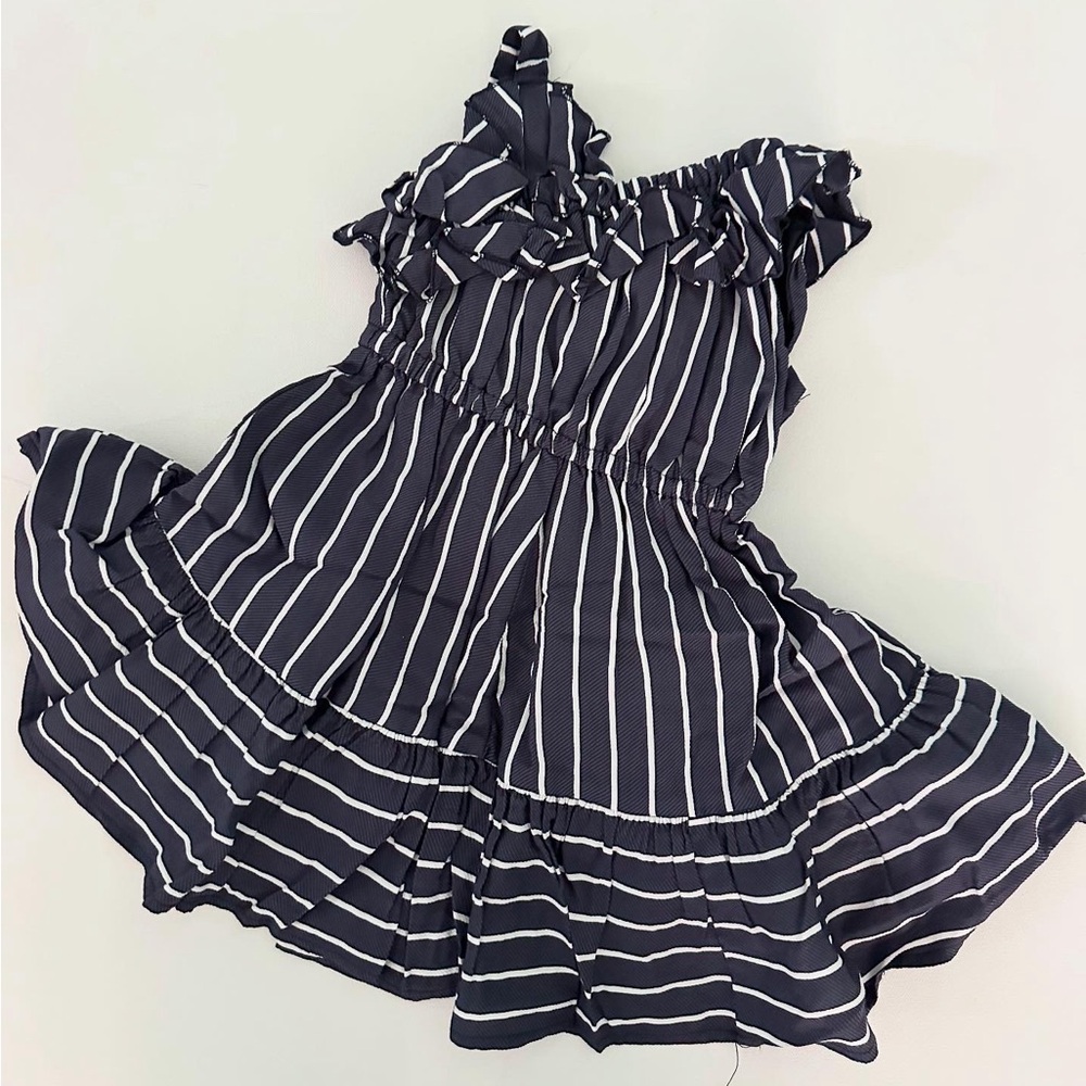 Navy and White one shoulder is Striped Ruffle Dress
